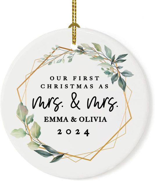 Andaz Press Personalized Our First Christmas As Mrs. & Mrs. 2025 Christmas Ornaments Geometric Greenery 2.8" Round Porcelain Ceramic Lesbian Married Couple Gay Women Newlyweds Wedding Keepsake 1-Pack