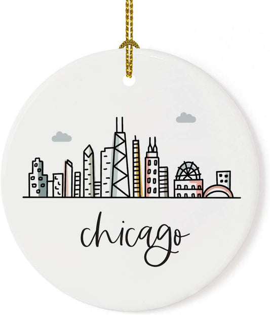 Andaz Press Round Ceramic Porcelain Christmas Tree Ornament Keepsake, Chicago Colorful City Skyline Graphic, 1-Pack, Birthday Gift Ideas Family Coworker Him Her, Includes Gift Box
