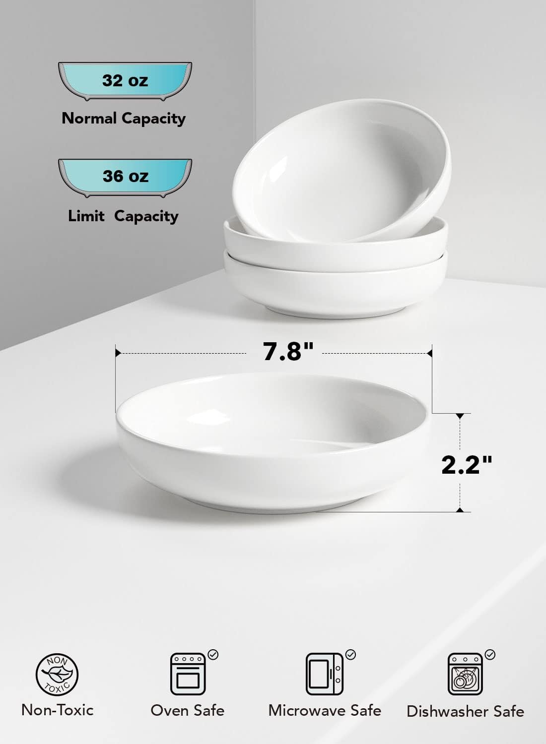 LE TAUCI Pasta Bowls 32 oz, Salad Bowls Set for Serving Soup, Pasta, Noodle, Dinner, Large Kitchen Bowl Plates, Microwave Safe - 7.8 Inch, Set of 4, White
