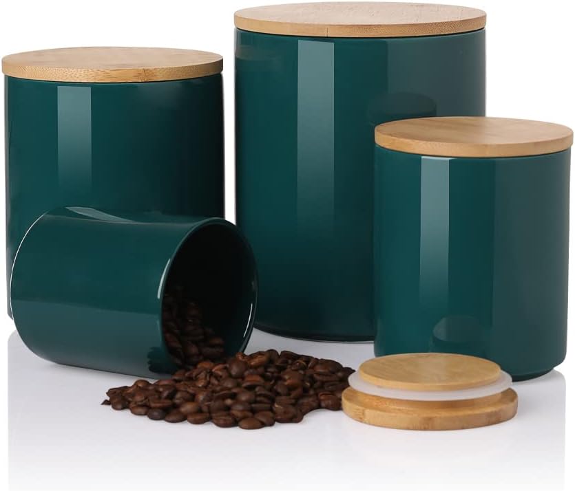 Sweejar Ceramic Canisters Set, Food Storage Jars with Airtight Seal Bamboo Lid, Stackable Containers for Kitchen Counter, Ground Coffee, Flour, Sugar, Cookie, Dog Treats, Candy, Pack of 4 (Jade)