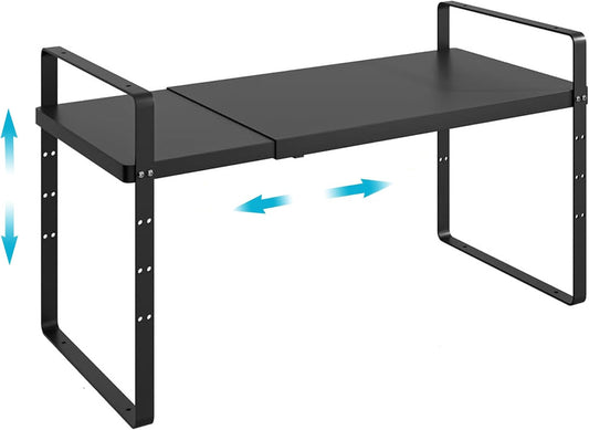 iPEGTOP Expandable Cabinet Storage Shelf Organizer Rack, Heavy Duty Cupboard Stand Spice Rack Adjustable Height Pantry Garage Shelf Space Riser for Counter Kitchen Organization, Black, 1 Pack