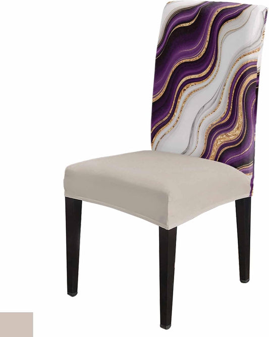 6 Pcs Dining Chair Covers Stretch Spandex Slipcovers Purple Marble Gold Inlay Removable Washable Dining Room Seat Cover Cushion Protector for Home Hotel Banquet Decor Abstract Geometric Stripes