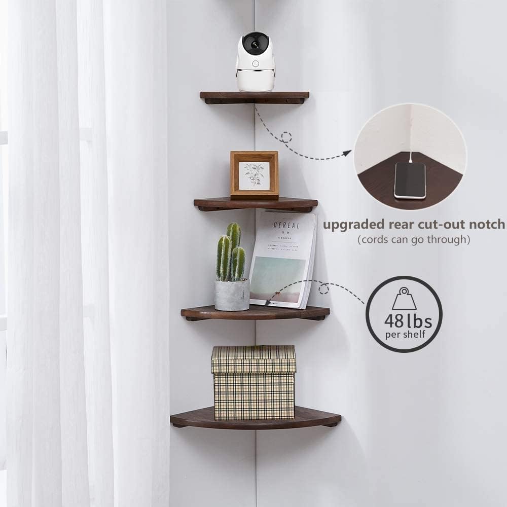 Corner Shelf,14inch Walnut Solid Wood Floating Corner Shelves Wall Mount Round End Floating Speaker Rack with Wire Hole for Small Plant for Bedroom Kitchen, Living Room