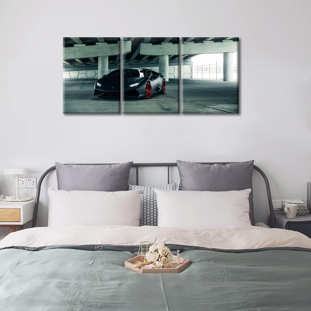 TUMOVO Black Car Canvas Wall Art Painting Super Decor for Living Room 3 Panels Pictures Print on Cool Hypercar Framed Artwork Home Bedroom Decorations, 36'' Wx16 H