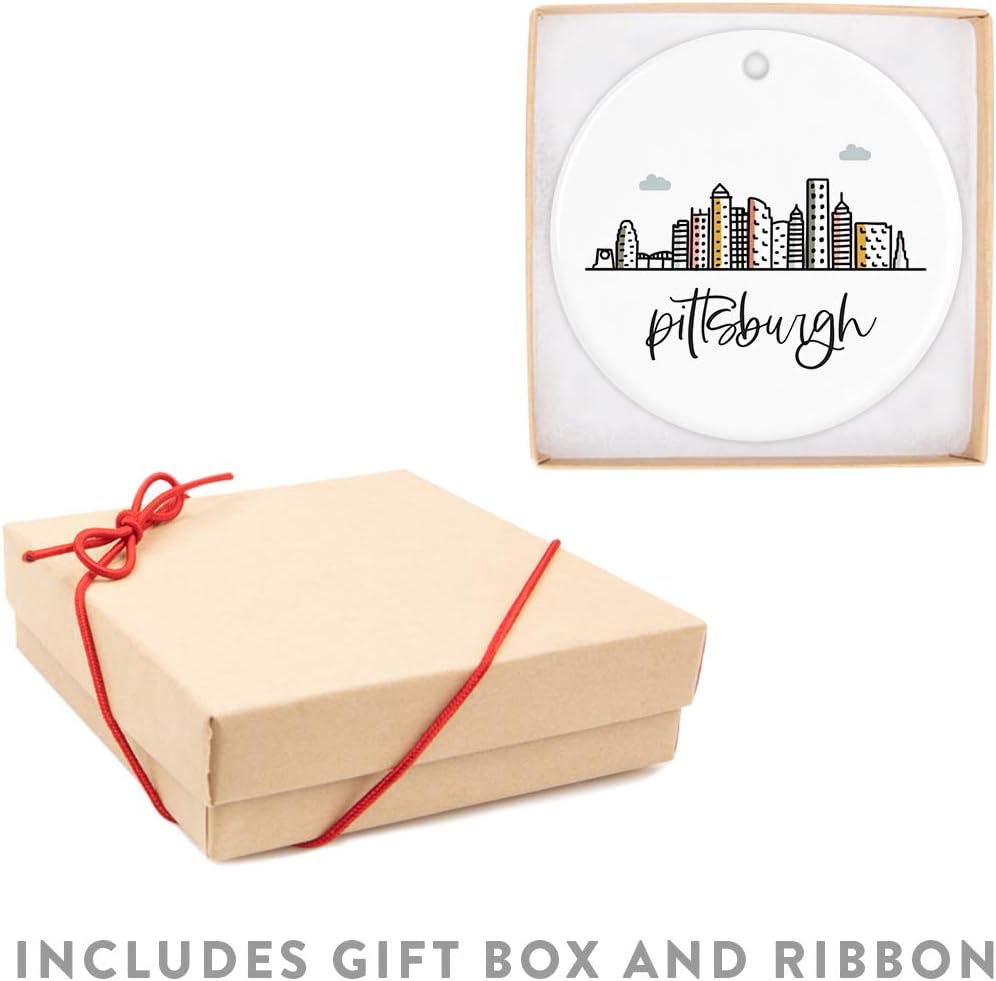 Andaz Press Round Ceramic Porcelain Christmas Tree Ornament Keepsake, Pittsburgh Colorful City Skyline Graphic, 1-Pack, Birthday Gift for Family Coworker Him Her, Includes Gift Box