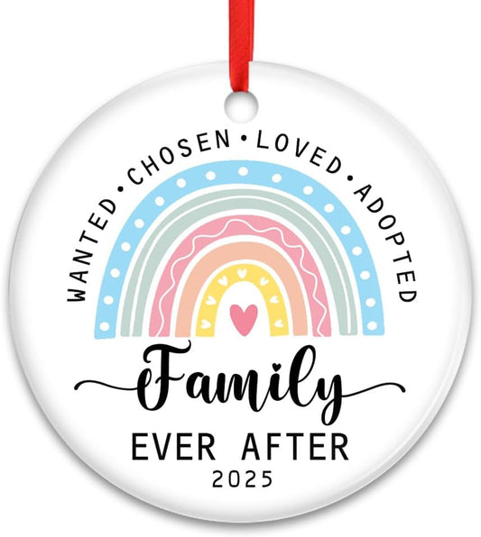 Adoption Family Ornament 2025 – Wanted Chosen Loved Adopted Rainbow Ceramic Ornament – Family Ever After Keepsake Gift – Cute Christmas Tree Hanging Decoration for Adoptive Parents or Kids