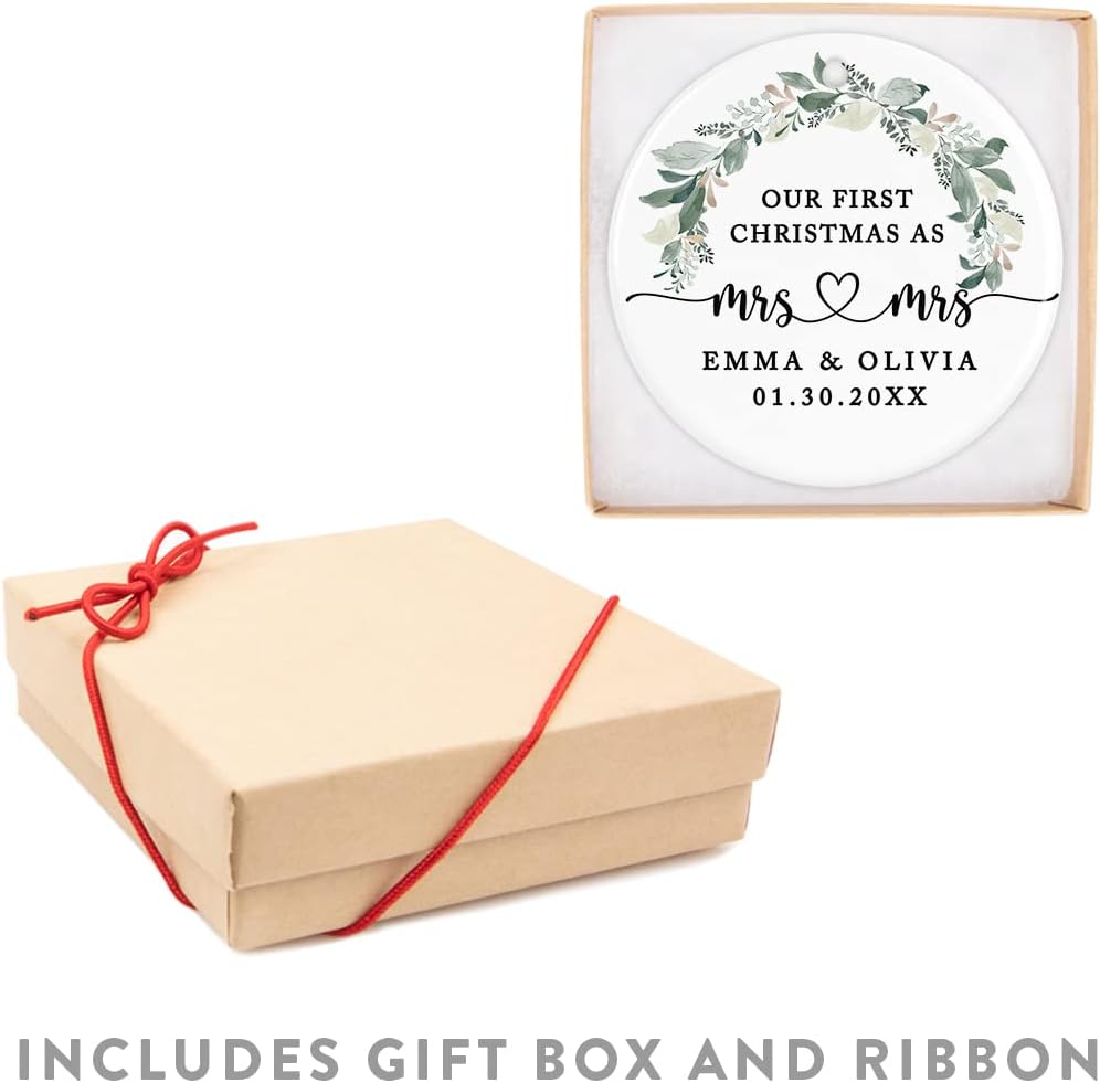 Andaz Press Personalized Our First Christmas As Mrs. & Mrs. Christmas Ornaments 2025 Foliage Wreath 2.8" Round Porcelain Ceramic Lesbian Christmas Ornament Married Couple Gay Women Newlyweds 1-Pack