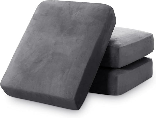 PrinceDeco Stretch Sofa Cushion Covers for Couches and Sofas,Soft Velvet Couch Seat Covers, Sofa Covers Washable, Seat Cushion Cover for 3 Couch Sofa Pet Friendly - Grey, Each Width Up to 29.5"