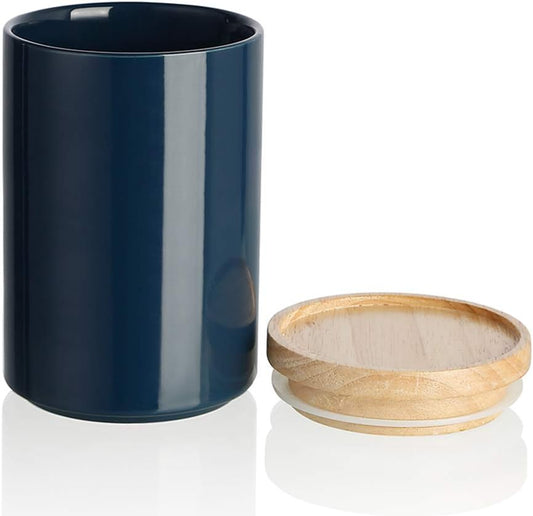 Sweejar Kitchen Canisters Ceramic Food Storage Jar, Stackable Containers with Airtight Seal Wooden Lid for Serving Ground Coffee, Tea, Sugar, Salt and More - 28 Fl Oz (Navy)