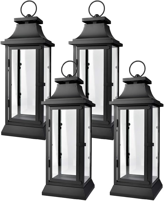 Serene Spaces Living Set of 4 Black Hurricane Lanterns with Clear Glass Panels - Ideal for Home Decor, Parties & Events - Table Top or Hanging Lantern for Indoor & Outdoor Use - Measures 15" Tall