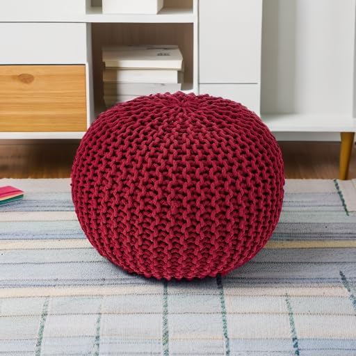 REDEARTH Round Pouf Ottoman - Hand Knitted Cable Boho Poof - Foot Stool Bean Bag - Home Décor Stuffed Footrest for Living Room - Nursery - Bedroom - 100% Cotton Poufs (19.5"x19.5"x14") - Red