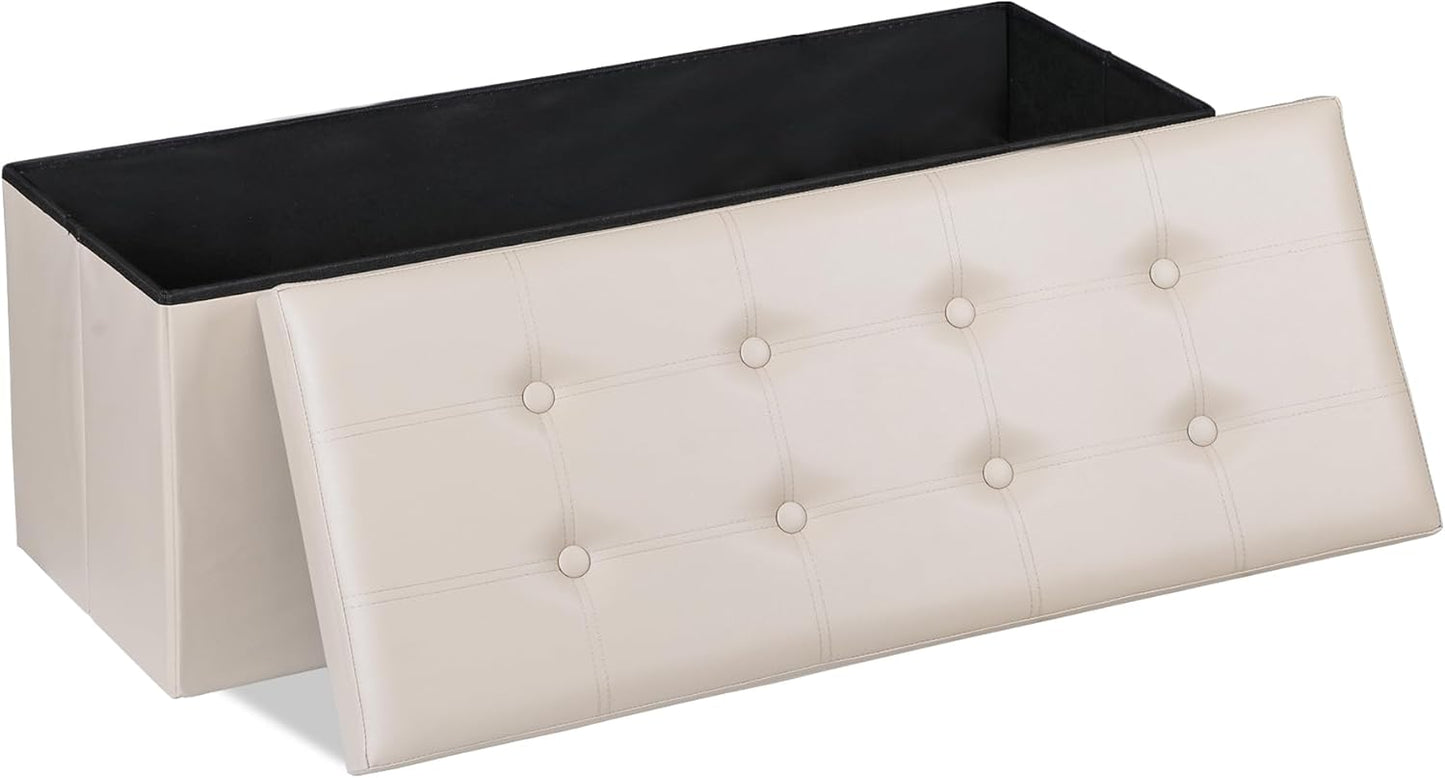 SUPER DEAL Folding Ottoman Bench with Storage, 43 Inch Padded Seat Footrest Shoes Bench for Bedroom Living Room Entryway, 660 lbs Capacity 43"x 15"x 15", Faux Leather, Beige