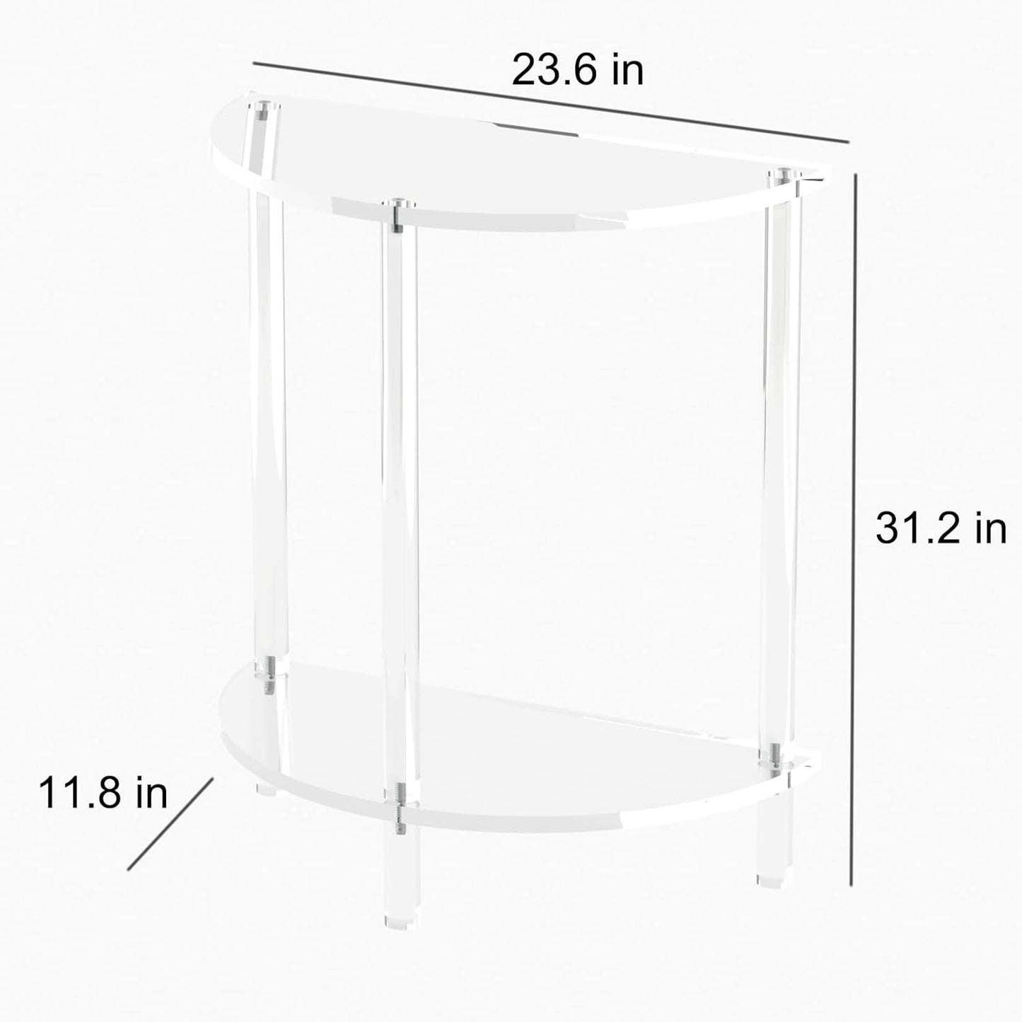 Acrylic Console Table 11.8" D x 23.6" W x 31.2" H, Half Round Console Table for Entryway, Sofa, Foyer, Hallway, Living Room, Modern, 2-Tier, Clear (Half-Moon Style