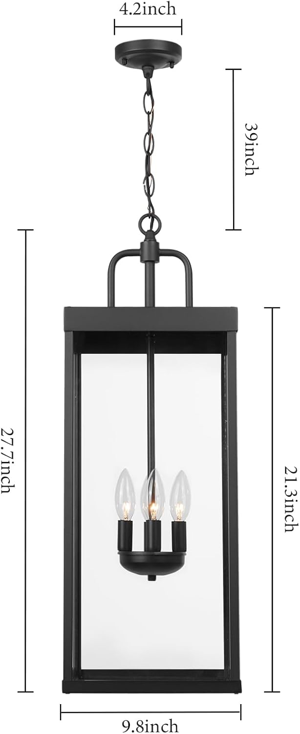 Large Outdoor Pendant Lantern Light Fixture for Front Porch, 28 Inch 4-Light Black Exterior Hanging Chandelier with Clear Glass, Outdoor Indoor Pendant Lamp for Patio, Gazebo, Entryway, Doorway