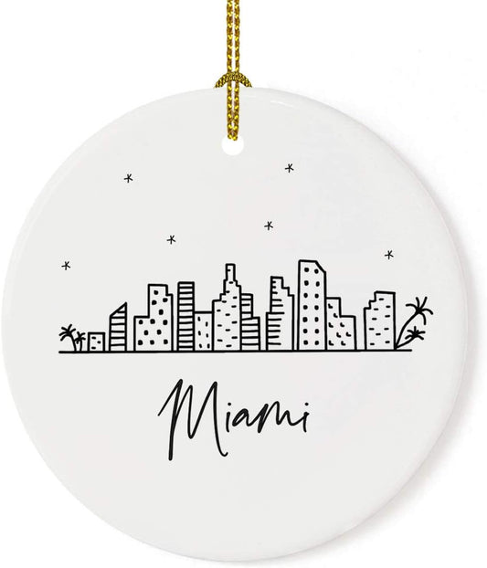 Andaz Press Round Ceramic Porcelain Christmas Tree Ornament Keepsake, Miami Black and White Stars City Skyline Graphic, 1-Pack, Birthday Gift Ideas Family Coworker Him Her, Includes Gift Box