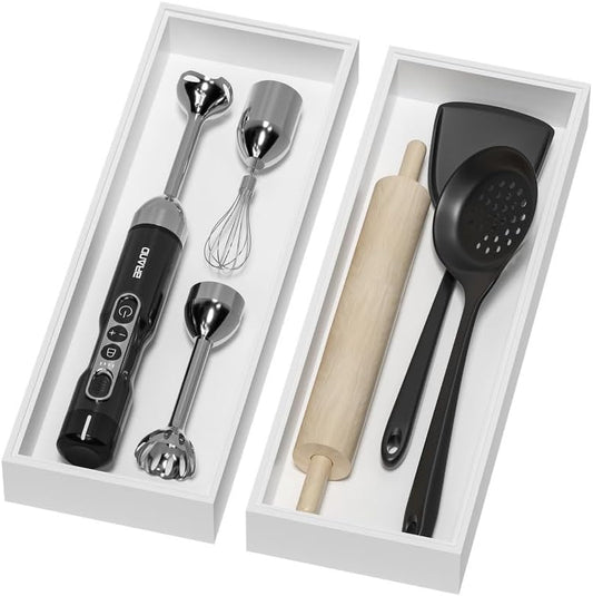 Bamboo Drawer Organizer, Extra Large Silverware Organizer for Kitchen Drawer, Stackable Utensil Organizer, 2 Pcs Toilet Tank Topper Tray, Wooden Toilet Paper Basket (White, 17 X 6 X 2 Inch)