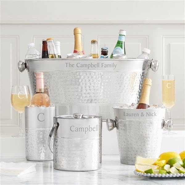 Personalization Universe Hampton Collection Custom Engraved Wine Chiller and Ice Bucket - Stainless Steel Ice Tub, Hand-Hammered Detail, Rolled Edges, Perfect for Wine, Champagne, and Beverage Cooling