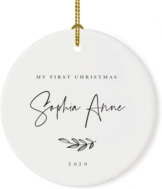 Andaz Press Personalized Baby 1st Christmas Round Ceramic Porcelain Christmas Tree Ornament Engagement Keepsake Collectible Gift, My First Christmas, Sophia Anne 2025, Antique Handdrawn, 1-Pack