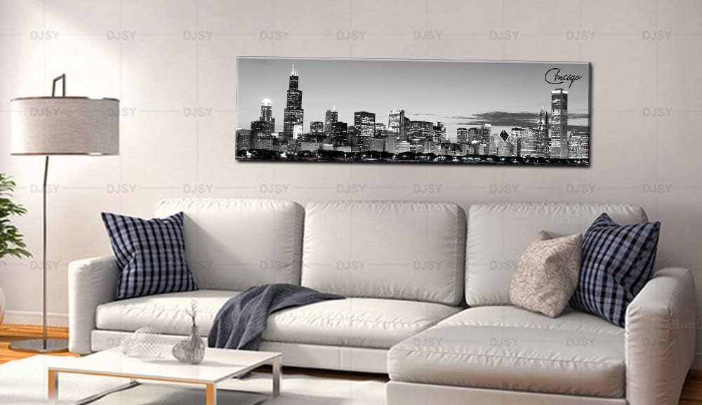 DJSYLIFE Chicago Skyline Wall Art - Black and White Modern Panoramic Cityscape Night View Picture Painting Bedroom Office Living Room Kitchen Home Decoration - Ready to Hang 13.8 "x 47.3" - Chicago 2