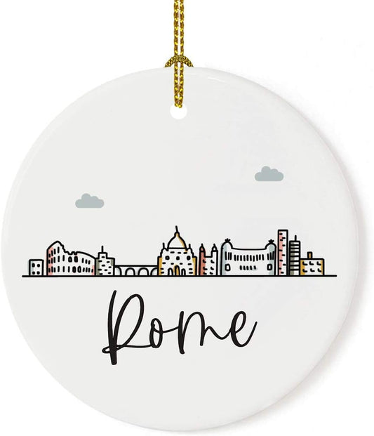 Andaz Press Round Ceramic Porcelain Christmas Tree Ornament Keepsake Gift, Rome, Colorful International City Skyline Graphic, 1-Pack, Birthday Ideas Family Coworker Him Her, Gift Box