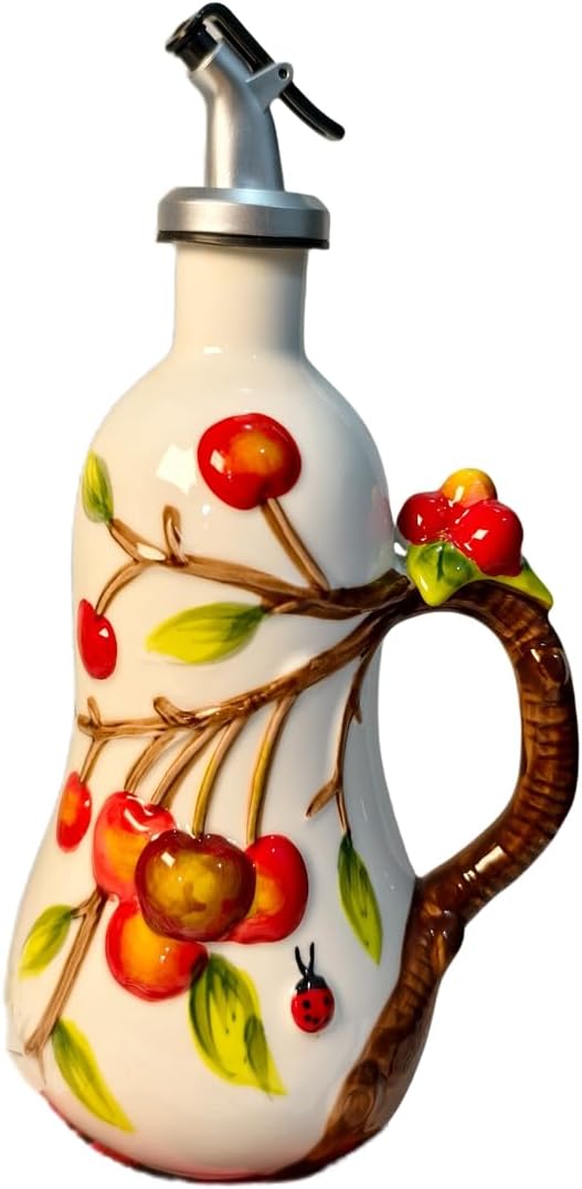 18 Oz Hand Painted Relief Ceramic Olive Oil Bottle Dispenser for Kitchen, Oil and Vinegar Bottle, Seasoning Bottle with Stainless Steel Nozzle, 540mL Oil Container with Handle for Cooking, Light Proof