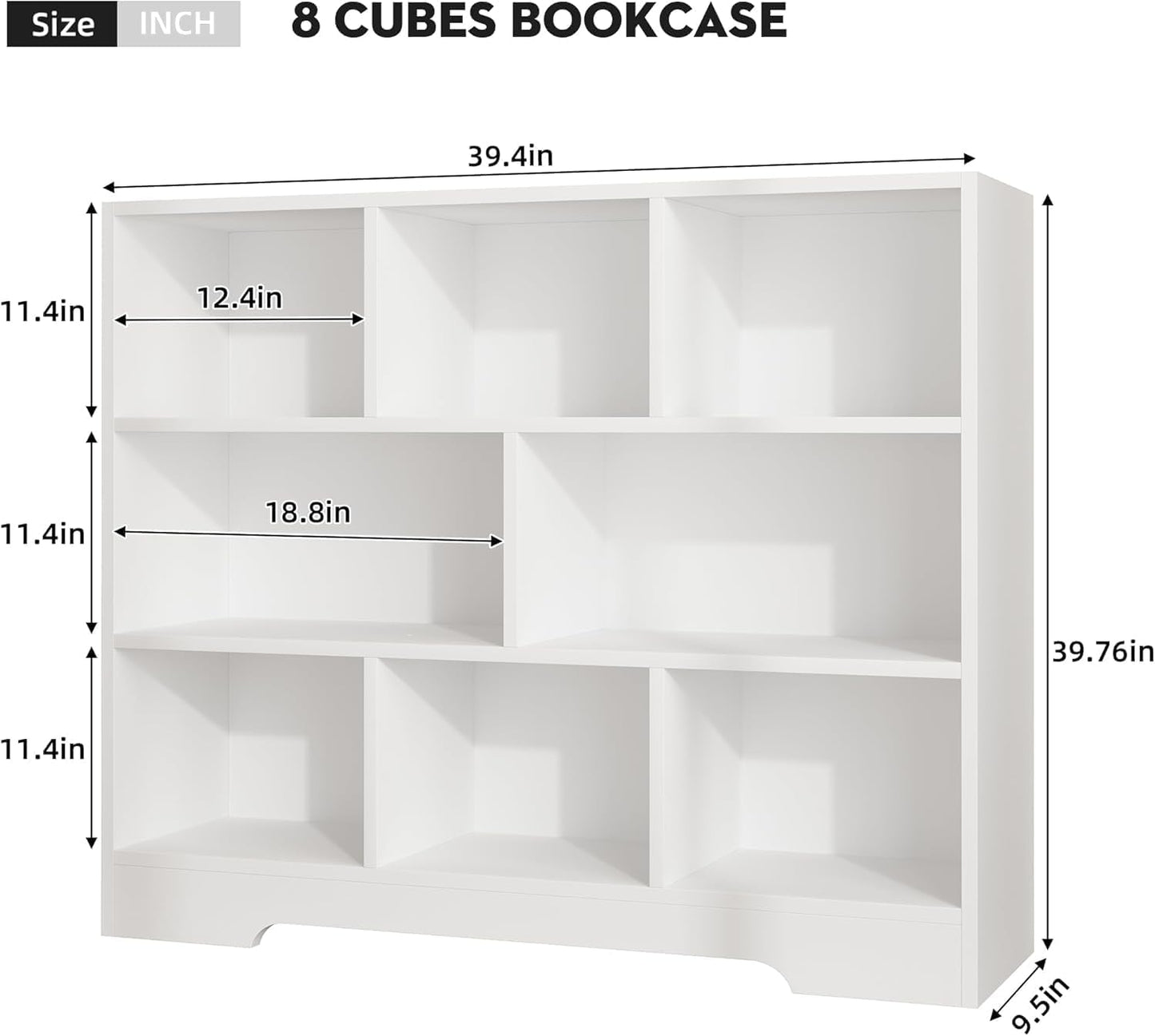 Book Shelf, 8 Cubes Storage Organizer, 3-Tier Open Shelf Wooden Bookcase, Freestanding White Bookshelf Cube Shelf for Bedroom, Living Room