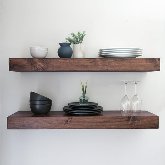 Modern Floating Shelves 3 Inches Thick for Wall, Wide Shelves for Kitchen, Living Room, Bedroom, and Bathroom, Natural Pine Wood, Rustic Wooden Shelf, (Set of 2) (Provincial, 36Lx3Hx6D)