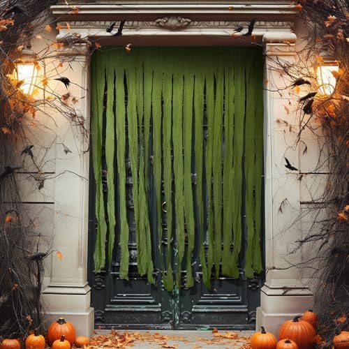 RunNico 2Pcs 85" x 60" Large Halloween Door Curtain Decoration, Green Gauze Doorway Curtain, Creepy Cloth Strip Drape for Halloween Horror Theme Party Haunted House Costume Decor
