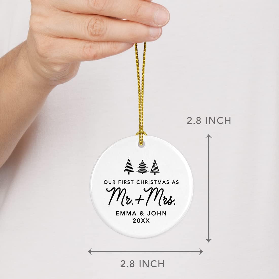 Andaz Press Personalized Our First Christmas As Mr. & Mrs. 2024 Christmas Ornaments Christmas Trees Design 2.8" Round Porcelain Ceramic 1st Year Married Custom Ornament Keepsake for Newlyweds 1-Pack