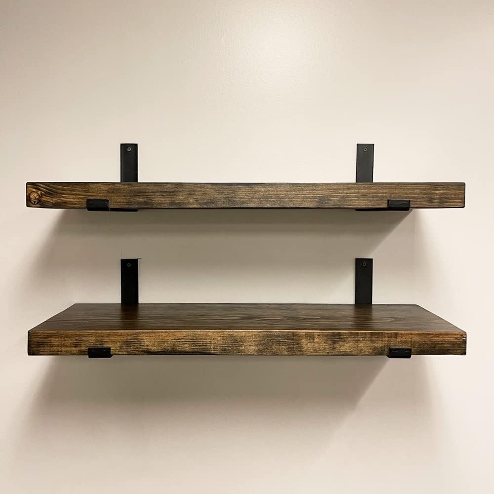 Rustic Shelves with J-Brackets Set of 2, Industrial Shelf, Kitchen Shelves, Solid Wood, Decorative Wall Storage, Heavy Duty, URBANDI (Dark Brown, 36Wx10D)