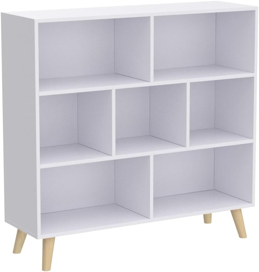 IOTXY Wooden Open Shelf Bookcase - 3-Tier Floorstanding Display Cabinet Rack with Legs, 7 Cubes Free Standing Bookshelf, Warm White