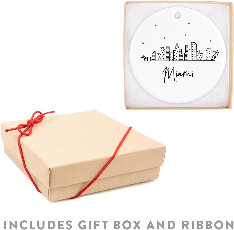 Andaz Press Round Ceramic Porcelain Christmas Tree Ornament Keepsake, Miami Black and White Stars City Skyline Graphic, 1-Pack, Birthday Gift Ideas Family Coworker Him Her, Includes Gift Box