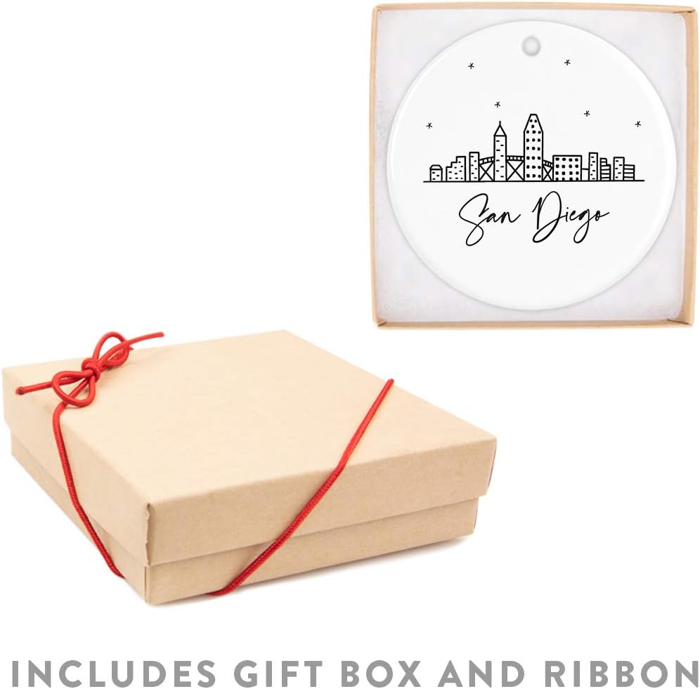 Andaz Press Round Ceramic Porcelain Christmas Tree Ornament Keepsake, San Diego Black and White Stars City Skyline Graphic, 1-Pack, Birthday Gift Idea for Family, Coworker, Him, Her, Includes Gift Box