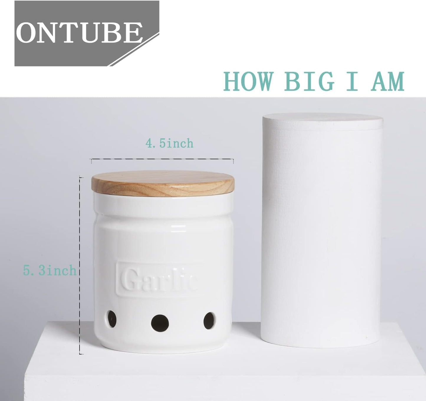 Large Garlic Keeper with Wooden Lid, Ceramic Garlic Holder Storage, Garlic Container for Kitchen, Garlic Saver to Keep Your Garlic Cloves Fresh Longer 4.5-Inch, White