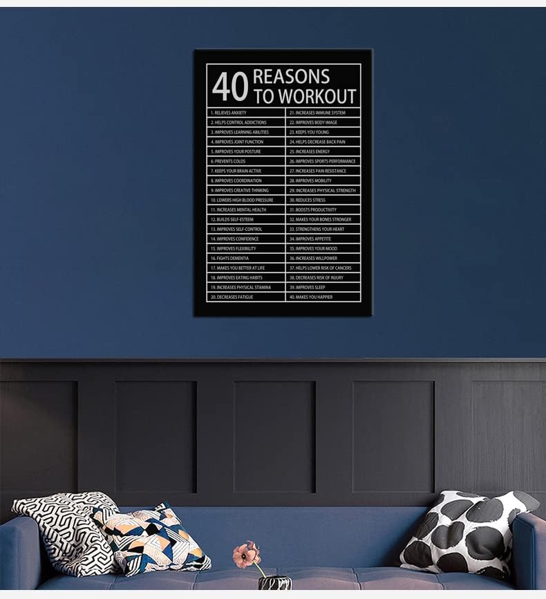 Motivational Posters 40 Reasons to Workout Inspirational Wall Art Picture Printed Stretched and Framed for Office Wall Art Modern Home Decor Canvas Painting Artwork Ready to Hang [24''W x 36''H]