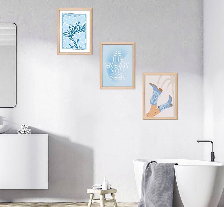 Blue Preppy Canvas Wall Art Set of 3 Trendy Cowgirl Boots Home Decor Flower Market Posters Prints Coastal Aesthetic Painting Picture for Girls Bedroom Bathroom Living Room Dorm 12x16Inch Wood Framed