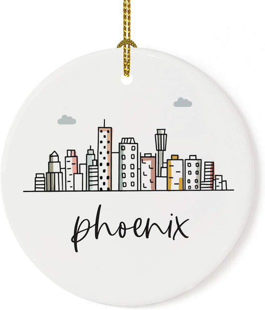 Andaz Press Round Ceramic Porcelain Christmas Tree Ornament Keepsake, Phoenix Colorful City Skyline Graphic, 1-Pack, Birthday Gift Ideas Family Coworker Him Her, Includes Gift Box