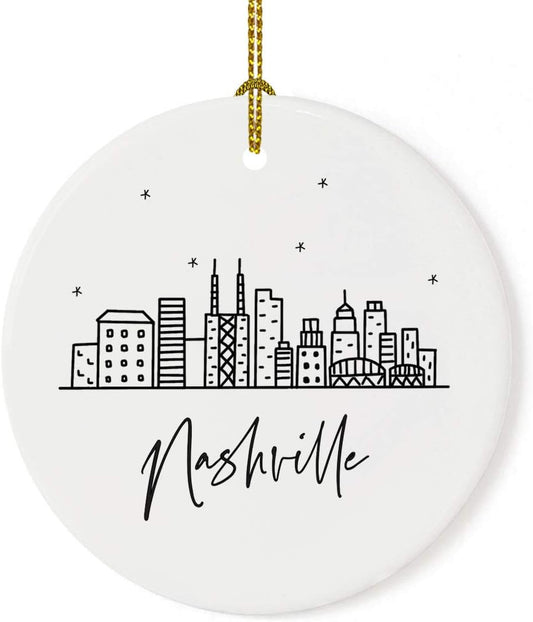 Andaz Press Round Ceramic Porcelain Christmas Tree Ornament, Nashville Black and White Stars City Skyline, 1-Pack, Birthday Ideas for Family Coworker, Christmas Ornament