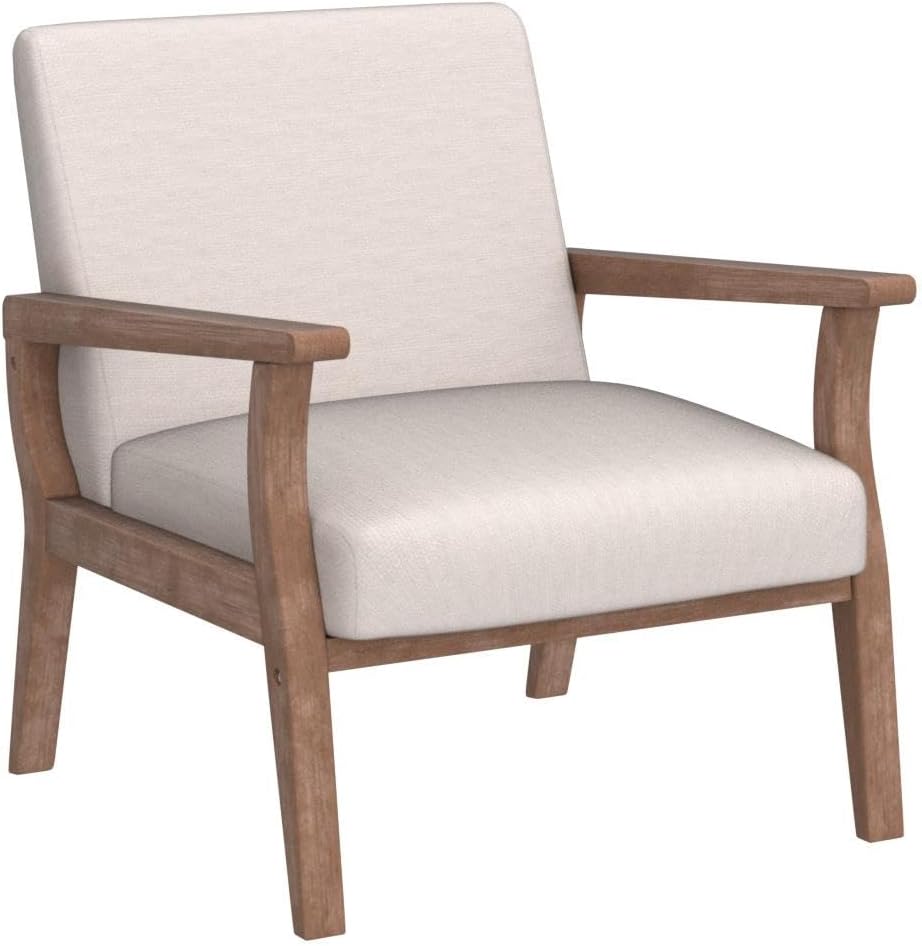 HNY Mid Century Modern Accent Chairs Set of 2 with Wood Frames, Linen Upholstered Living Room Arm Chairs for Living Room, Bedroom, Ivory