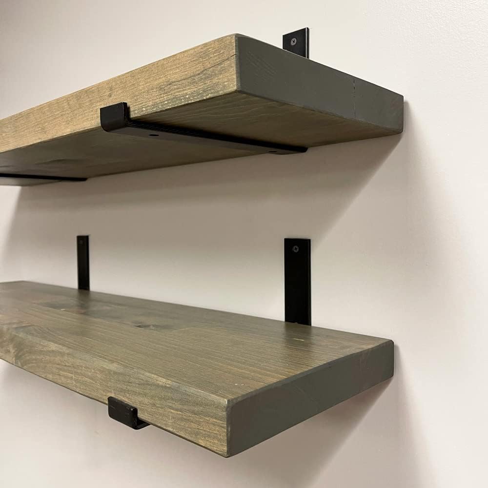 Rustic Shelves with J-Brackets Set of 2, Industrial Shelf, Kitchen Shelves, Solid Wood, Decorative Wall Storage, Heavy Duty, URBANDI (Grey, 36Wx8D)