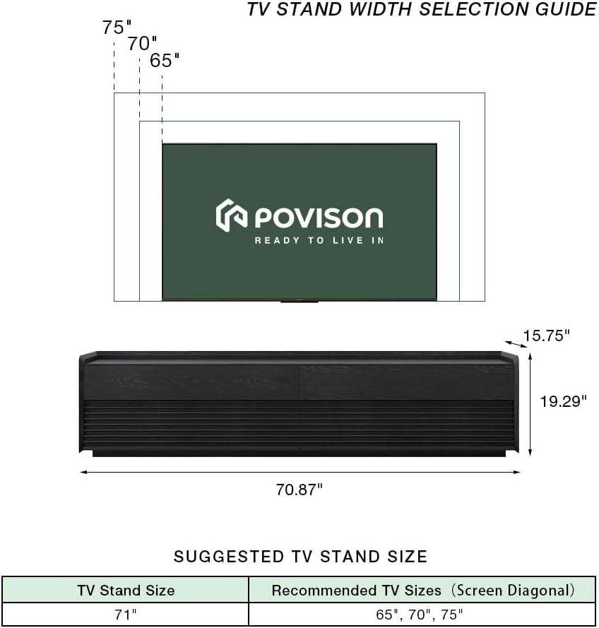 POVISON Fully-Assembled Mid Century Modern TV Stand, 70.87" Entertainment Center with LED Light, Black Walnut Solid Wood TV Console for Living Room, TV Stand with Storage
