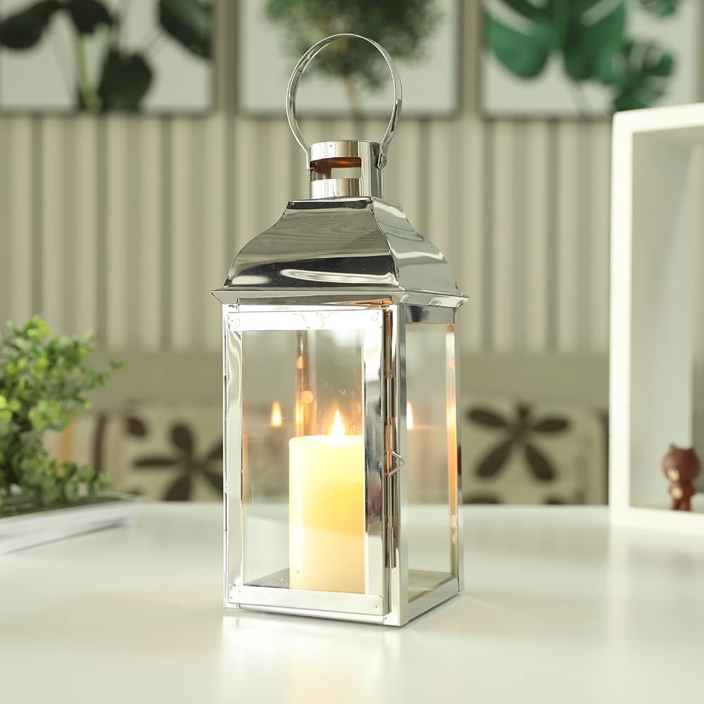 JHY DESIGN Silver Decorative Lanterns 12.5''High Stainless Steel Candle Lanterns with Tempered Glass for Indoor Outdoor Events Parities and Weddings Vintage Style Hanging Lamps