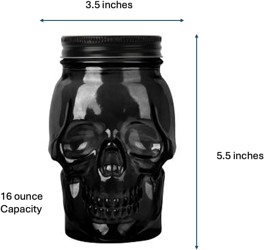 Set of 2 Skull Mason Jar Glasses with Lids | 16oz Reusable Halloween Drinking Glasses | Unique Skull Décor, Storage, & Canning Jars for Parties & Gifts