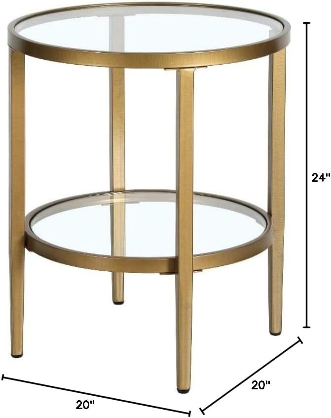 Henn&Hart 20" Wide Round Side Table with Glass Shelf in Antique Brass, Table for Living Room, Bedroom