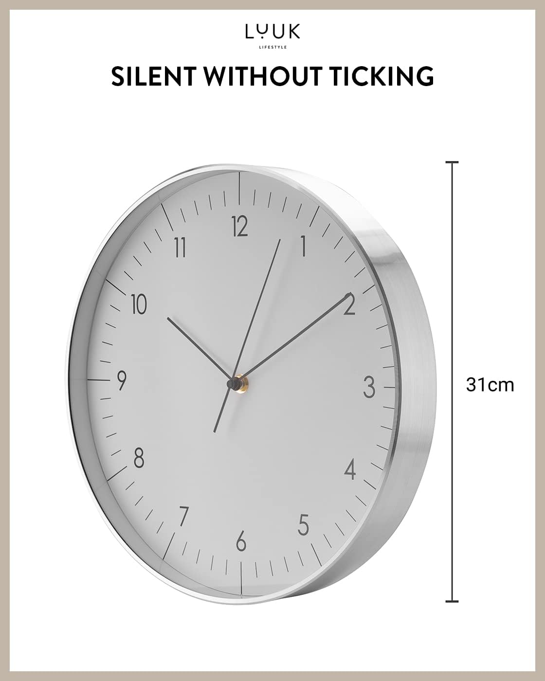 LUUK LIFESTYLE Modern Wall Clock Without Ticking, Pure Minimalist Design, legible Digits, Home Decor for Living Room, Office, in White and Silver