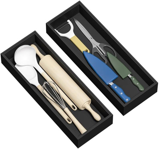 Kitchen Drawer Organizer Tray, Stackable Black Bamboo Drawer Organizer for Large Silverware, Utensils, Cutlery, Flatware, Junk, Dresser, Bathroom, 17" x 6" x 2.5" (Set of 2)