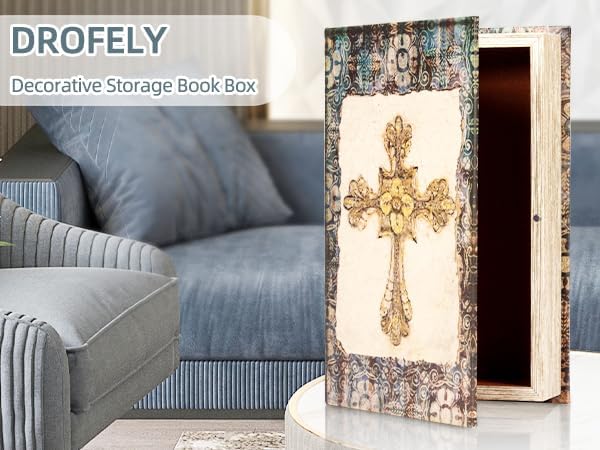 Vintage Style Wooden Decorative Book Box - Faux Leather, Christian Cross Pattern, Gift Idea