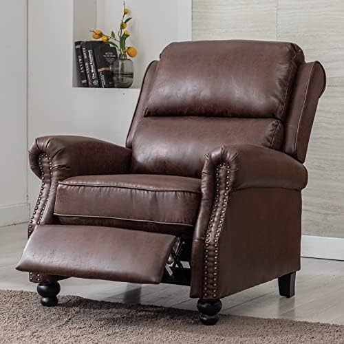 CANMOV Pushback Recliner Chair Faux Leather Armchair Push Back Recliner with Rivet Decoration Single Sofa Accent Chair for Living Room, Reddish Brown