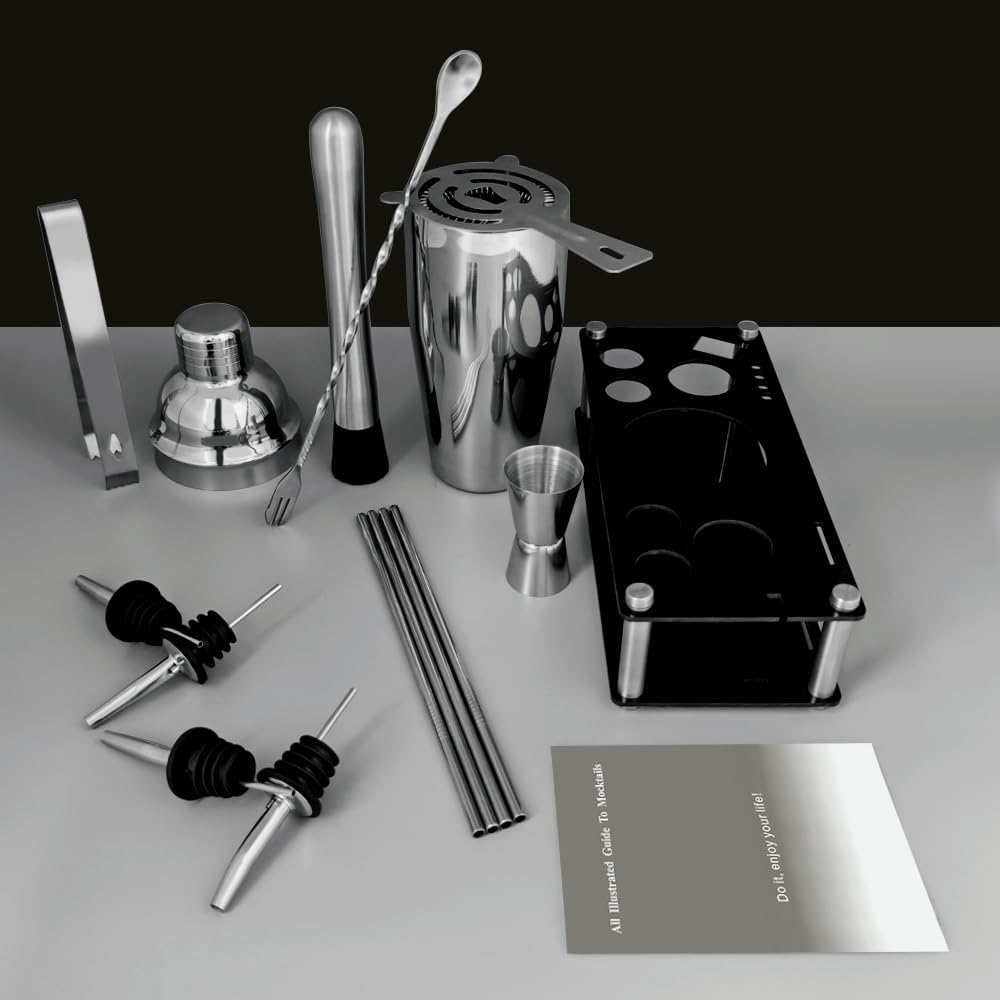 14-Piece Cocktail Shaker Set Bartender Kit with Black Stand, Bar Tool Set for Drink Mixing Bartending Kit Bar Sets Accessories: 750ml(25oz) Shaker, Jigger, Muddler, Cocktail Recipes (Silver)