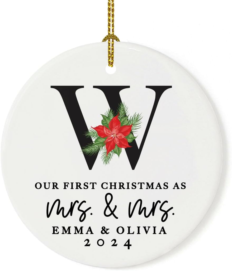 Andaz Press Personalized Our First Christmas As Mrs. & Mrs. 2025 Christmas Ornaments Monogram Poinsettia 2.8" Round Porcelain Ceramic Lesbian Married Couple Gay Women Newlyweds Wedding Keepsake 1-Pack